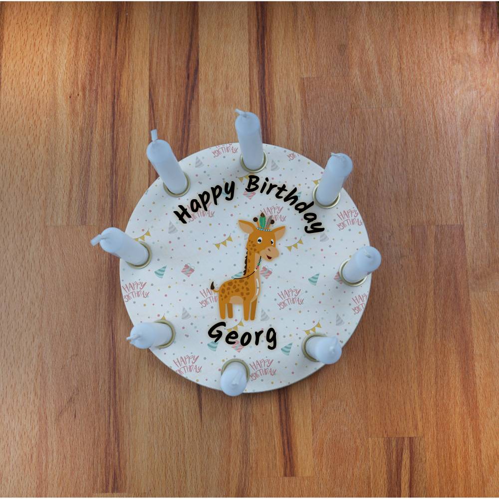 Geburtstagskranz aus Holz, mit 8 Löchern kompatibel zu Grimm, Tischdekoration für Kindergeburtstag, Geschenk zur Geburt, Motiv: Giraffe Bild 1