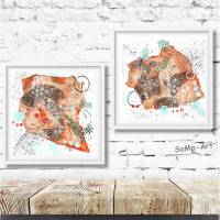 Abstrakte Mini Collage in Orange, Braun und Arktis. Mustermix für Entdecker. Kleine Wandkunst im Duo, ungerahmte Bilder Bild 1