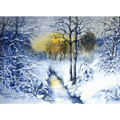 Winterwald Aquarellbild handgemalte Landschaft 30 x 40 cm Querformat – Unikat von Galerie Rosemarie Kerschl