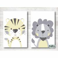 Kinderzimmerbilder Tiger / Löwe 2er Set-A4-weiß / gelb grau Bild 1