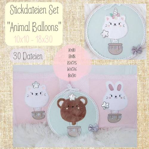 Digitale Stickserie  "Set Animal Balloons Doodle" für den 10x10 - 18x30 cm (4x4 - 7x12") Stickrahmen