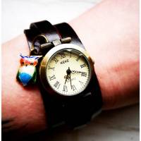 Armbanduhr, Wickeluhr, Lederuhr, echt Leder,  Vintage-Stil,  Uhr, Damenuhr, Eule Bild 1