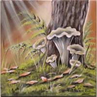 TROMPETENPILZE - idyllisches Acrylgemälde mit Pilzen im Moos auf Leinwand 40cmx40cm Bild 1
