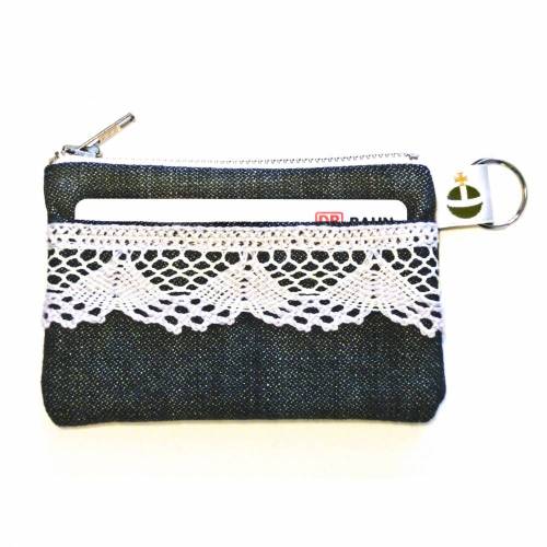 Upcycling Geldtasche Jeans + Spitze, Kopfhöhrertasche, Schlüsseltasche, Kreditkartentasche