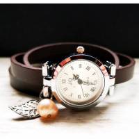 Armbanduhr,Wickeluhr,Schnallenverschluss, echt Leder, Zuchtperle Bild 1