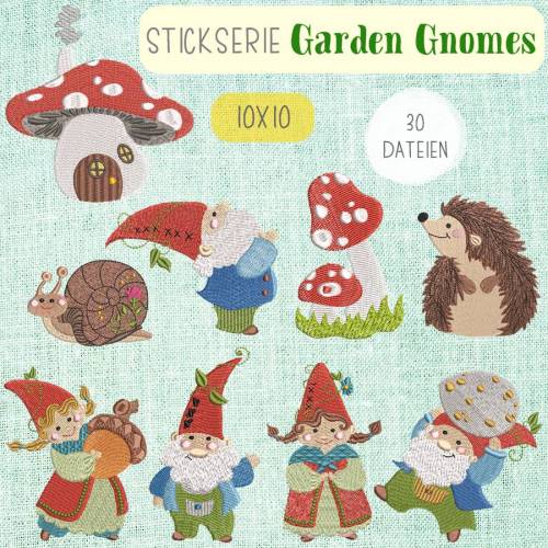 Digitale Stickserie Garden Gnomes 10x10 (4x4") Stickrahmen