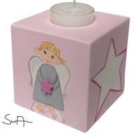 Teelichthalter/Kerzenwürfel/Teelichtwürfel aus Holz Schutzengel rosa Bild 1