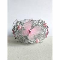 Teelichthalter aus eloxierten Aluschmuckdraht in Silber und rosane Deko 11 cm Durchmesser Bild 1