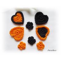 8-teiliges Häkelset Herzen und Streublümchen - Tischdeko,Streudeko zu Halloween - orange,schwarz Bild 1
