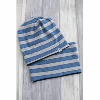 Beanie Mütze Loop Jersey Streifen blau grau KU 55-57 Bild 1