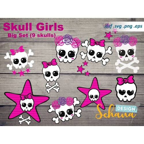 Skull Girls Totenschädel Set 9 niedliche Sugar Skull Totenkopf mit Schleifen und Sternen EPS SVG DXF png Plotterdatei Bügelbild Digistamp