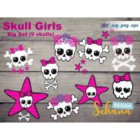 Skull Girls Totenschädel Set 9 niedliche Sugar Skull Totenkopf mit Schleifen und Sternen EPS SVG DXF png Plotterdatei Bügelbild Digistamp Bild 1