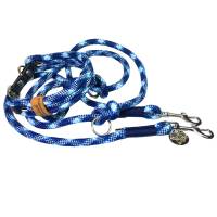 Leine Halsband Set verstellbar dunkelblau blau weiß, mit Leder und Schnalle Bild 1