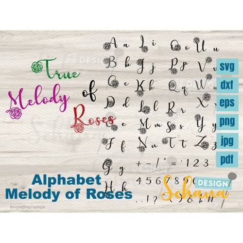 Plotterdatei Schriftart Melody of Roses verzierte Buchstaben mit Rosen SVG DXF PNG eps pdf jpg Font Rosen verspielt Datei Plott Lasercut dxf