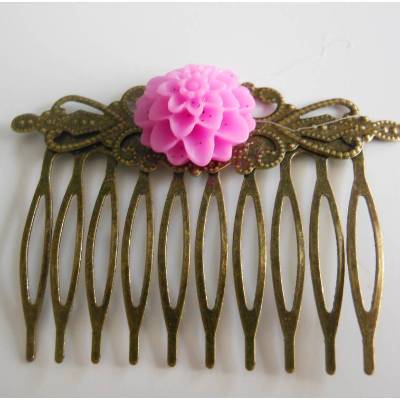 Bronze Haarkamm mit Blüte  Vintage Renaissance lila 