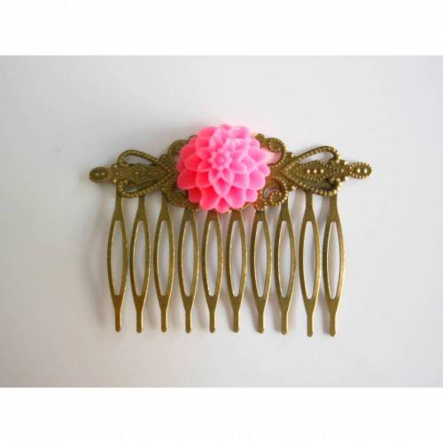 Bronze Haarkamm mit Blüte  Vintage Renaissance rosa