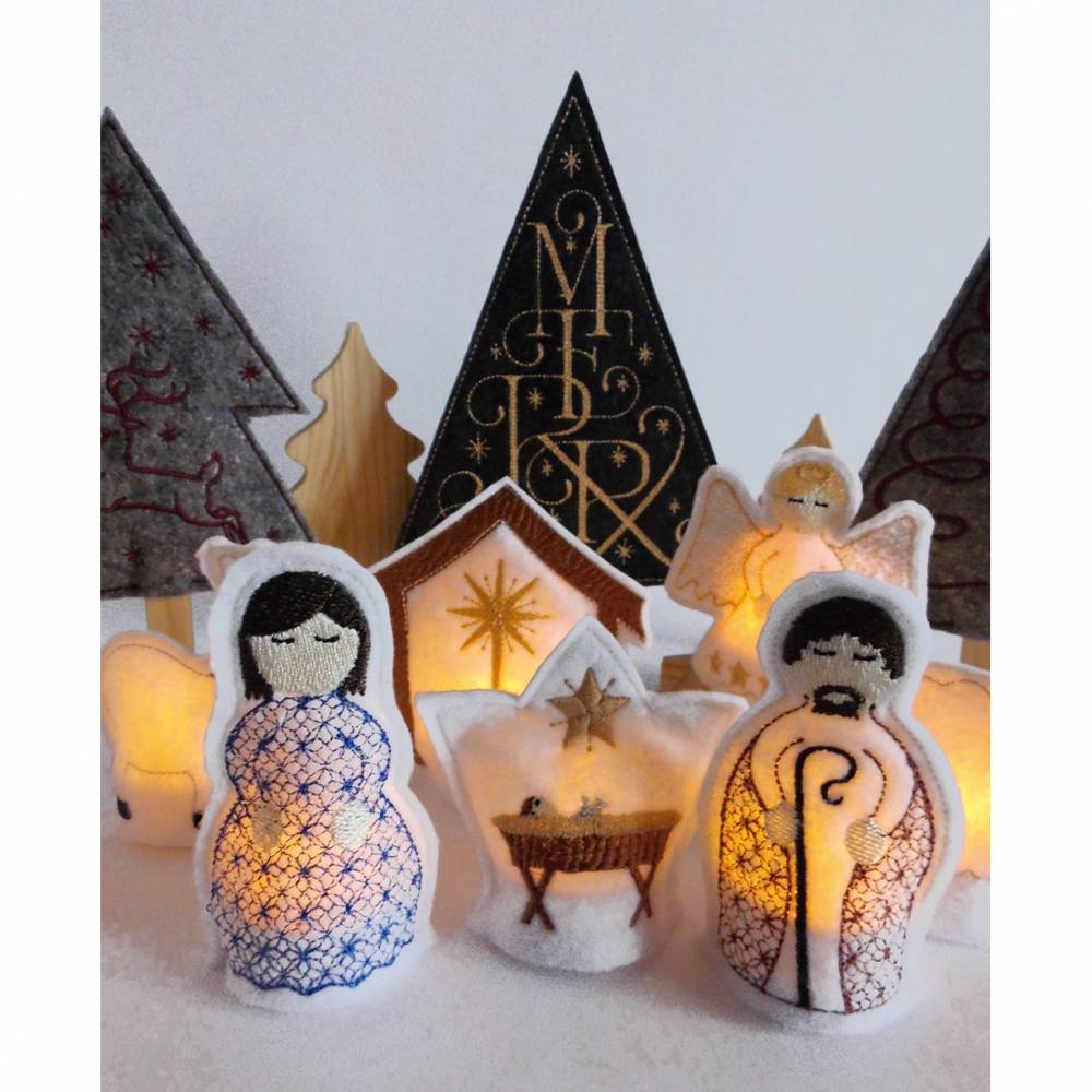 Krippenfiguren Heilige Familie Weihnachtsdeko X-Mas bestickte LED-Teelichtcover weißer Filz weihnachtliche Dekoration Bild 1