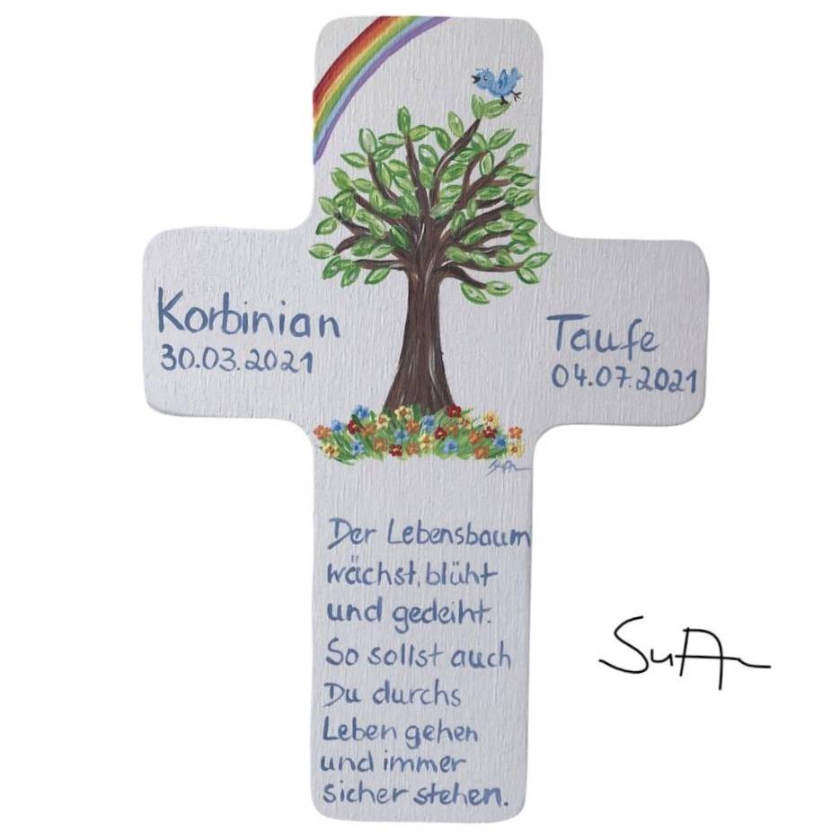 Kinderkreuz Lebensbaum mit 3 Kristallsteinchen besetzt Holzkreuz Taufe Geburt 