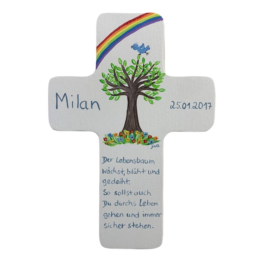 Kinderkreuz Lebensbaum mit 3 Kristallsteinchen besetzt Holzkreuz Taufe Geburt 