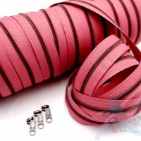 1m endlos Reißverschluss inkl. 3 Zippern - schmal metallisiert retro rosa - kupfer antik