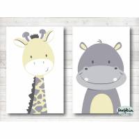 Kinderzimmerbilder / 2er Set Giraffe und Nilpferd-A4-gelb grau Bild 1