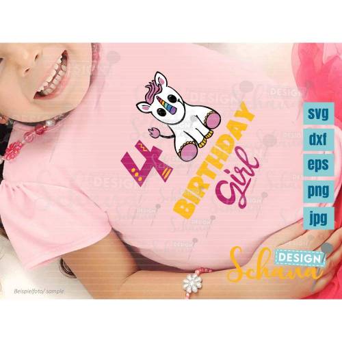 Geburtstagshirt Mädchen vierter Geburtstag Tshirt Einhorn Shirt Birthday Girl EPS DXF SVG png u jpg Plotterdatei Digistamp Sublimation Druck