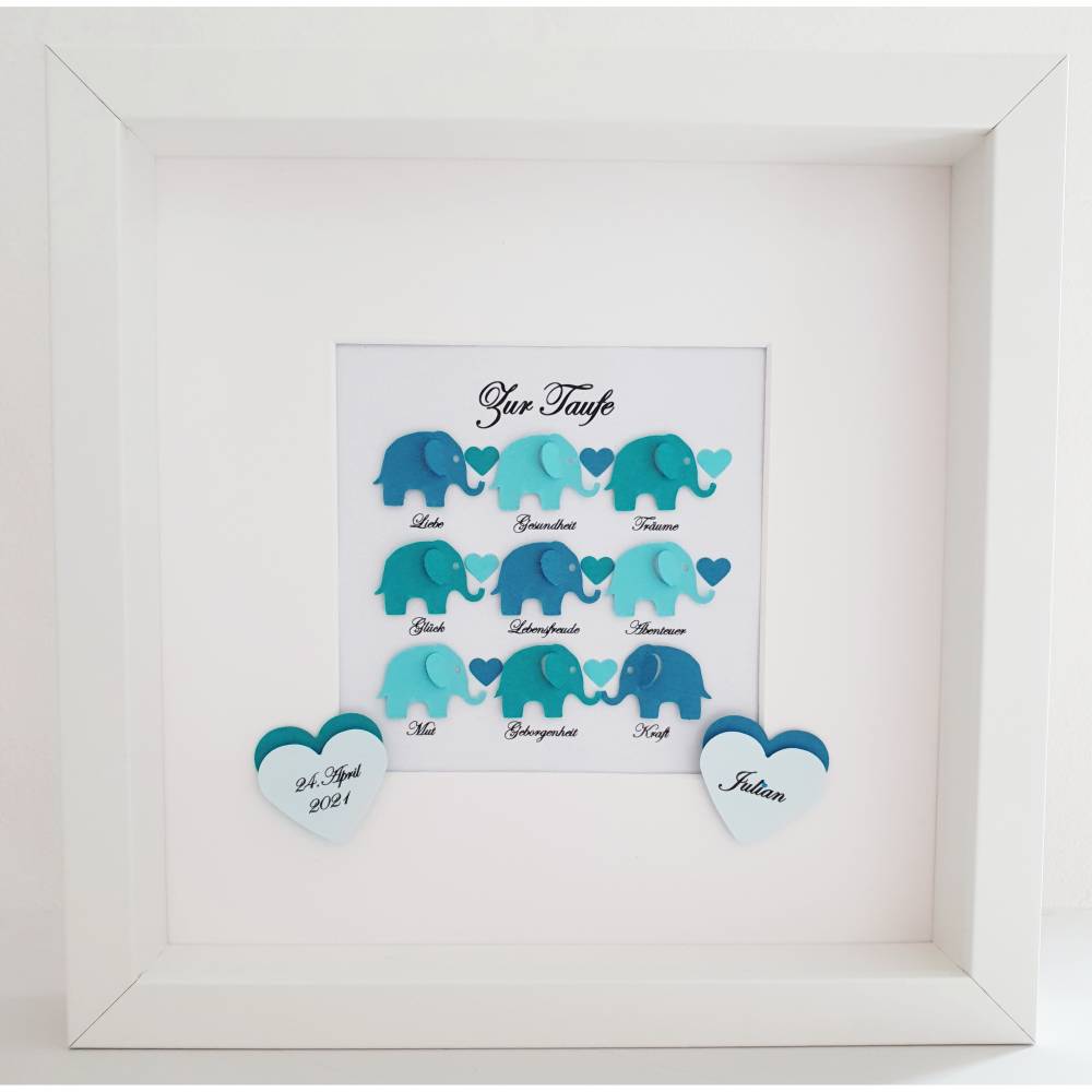 Taufgeschenk ,personalisiertes Geschenk Baby, Taufe, Geburt, Junge, Elefanten mit Wünschen Bild 1