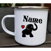 Emaille Tasse mit Name, Kinder Tasse, Geschenkidee Mädchen Junge, Personalisierte Geschenke, Elefant Herz Tier Motiv Emaillebecher Bild 1