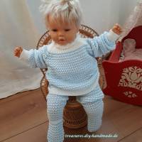 Vintage, zweiteiliger Babyanzug gestrickt blau weiß Hose und Jäckchen, Größe ca. 74 Bild 1