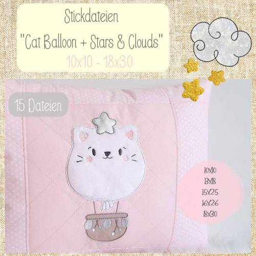 Digitale Stickserie  "Cat Balloon Doodle" für den 10x10 - 18x30 cm (4x4 - 7x12") Stickrahmen