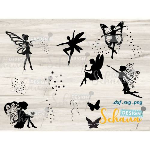 Feen 6-er Set Variation 5 - Plotterdatei - SVG DXF PNG eps Digistamp mit Accessoire Items - Fee Clipart - Wandsticker -