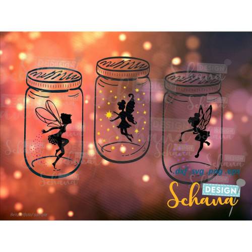 Feen im Glas Magisches Einmachglas 3 unterschiedliche Feen Plotterdatei SVG DXF PNG  eps Digistamp Fee Clipart Wandsticker Plotter Bügelbild