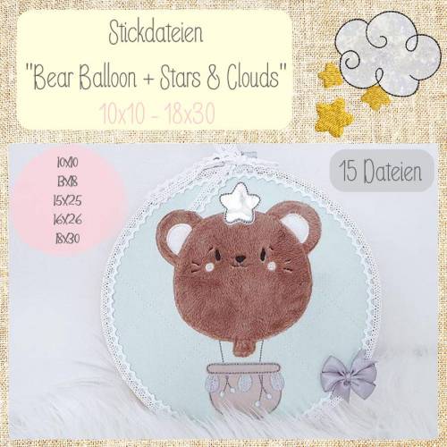 Digitale Stickserie  "Bear Balloon Doodle" für den 10x10 - 18x30 cm (4x4 - 7x12") Stickrahmen