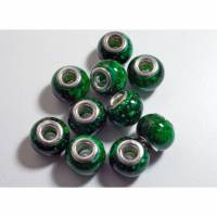 10 Modulperlen Großlochperlen grün silberfarben, Glas, 14mm, Fädelloch 5mm, Schmuckzubehör, Schmuck basteln, Glasperlen, Material, Trödel Dings da Bild 1