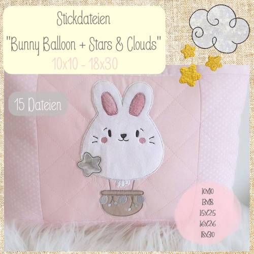 Digitale Stickserie  "Bunny Balloon Doodle" für den 10x10 - 18x30 cm (4x4 - 7x12") Stickrahmen