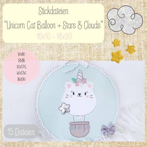 Digitale Stickserie  "Unicorn Cat Balloon Doodle" für den 10x10 - 18x30 cm (4x4 - 7x12") Stickrahmen
