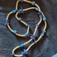 Halskette in Holz-Optik, naturfarbend mit blauen Scheiben- Elementen, Vintage-Stil, Hippi,  (HK17) Bild 1