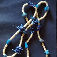 Halskette in Holz-Optik, naturfarbend mit blauen Scheiben- Elementen, Vintage-Stil, Hippi,  (HK17) Bild 2