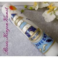 Moderne TAUFKERZE " Vincent " mit Leuchtturm-Symbol * Blau * Buben * Taufe * Kommunion * Geschenk * Bild 1