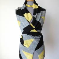 Designer Schal in Schwarz Grau und Gelb, gemusterte Strickstola, gestrickter Schal aus Wolle, Umschlagtuch, Luxus Schal Bild 5