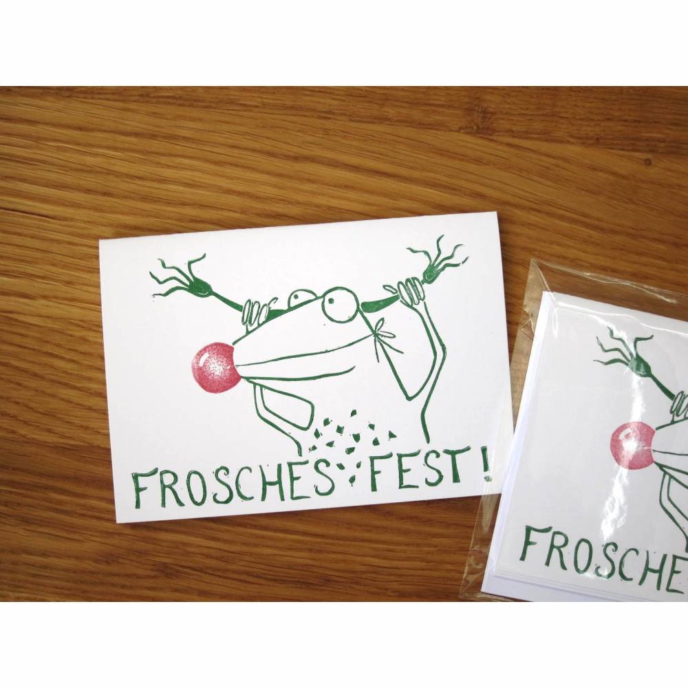 Rudolph,  3 handgedruckte Weihnachtskarten, Weihnachten, Weihnachtskarte, Rentier, Linoldruck, handgedruckt. Frosch Kart Bild 1
