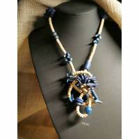 Halskette in Holz-Optik, naturfarbend mit blauen Elementen, Vintage-Stil, Hippi,  (HK16) Bild 1