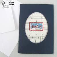 Klappkarte, Weihnachtskarte blau, Briefmarke, Noten, Frohe Weihnachten, mit Umschlag Bild 1