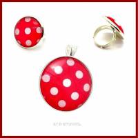 Schmuckset "Polka Dots" Kettenanhänger und Ring mit Cabochon 25mm rot-weiß gepunktet, versilbert, Rockabilly Bild 1