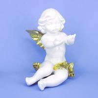 Dekorativer, großer weißer Porzellan Engel mit goldenen Flügeln Bild 1