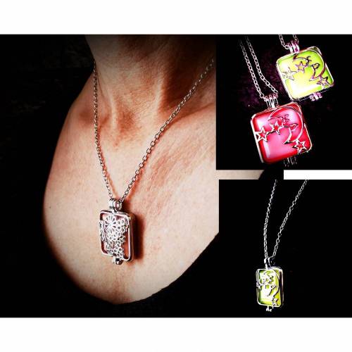 Kette, Medaillon, nachtleuchtend, Cabochon, Halskette, Damenkette, Vintage-Stil,Mond und Sterne