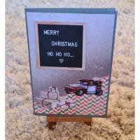 Weihnachtskarte " Merry Christmas - HOHOHO " Geschenke , Weihnachtsmann im Auto Bild 1