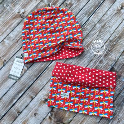 Mütze & Schlupf-Schal Gr. 51 Libelle auf Punkten