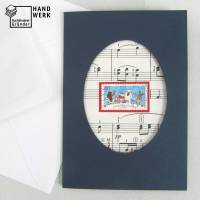 Weihnachtskarte Briefmarke, Noten, Frohe Weihnachten, Klappkarte dunkelblau mit Umschlag Bild 1