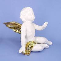 Großer sitzender Engel aus weißem Porzellan mit gold Bild 1